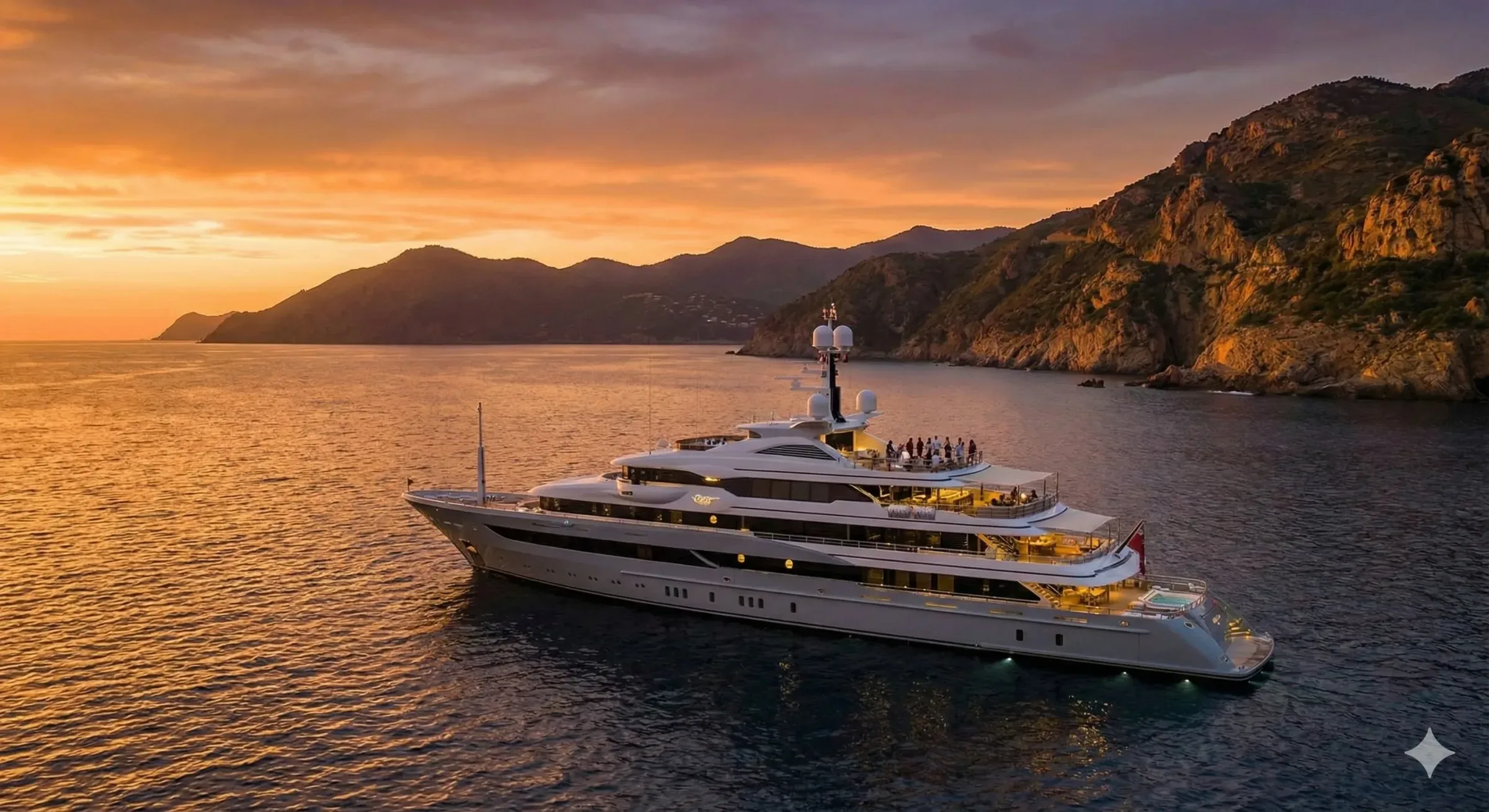 Superyacht at golden hour cruising off the coast of Heber, Coconino County, Arizona